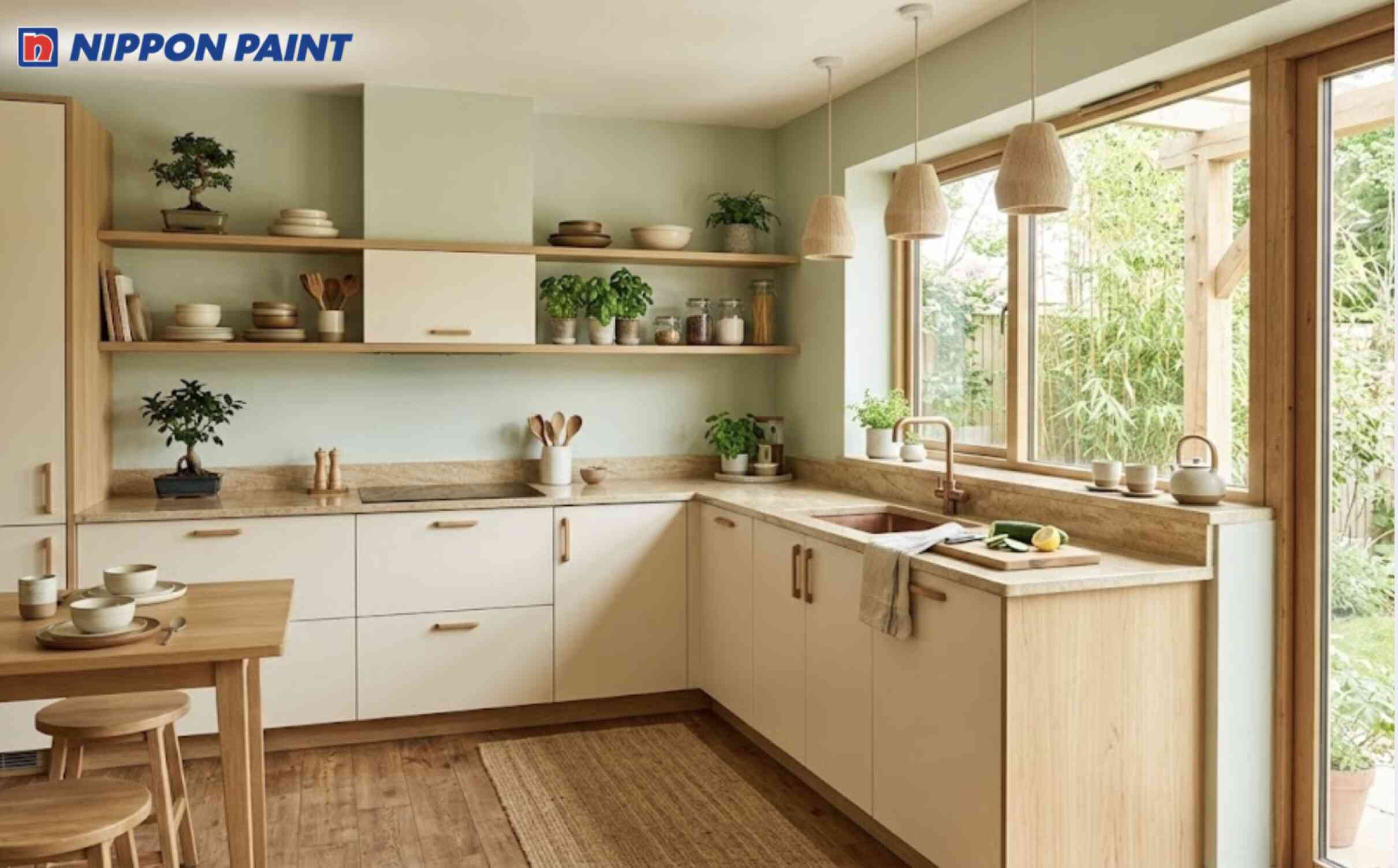 Không gian phòng bếp tươi mới với gam xanh lá nhạt phối kem nhạt, vàng sand