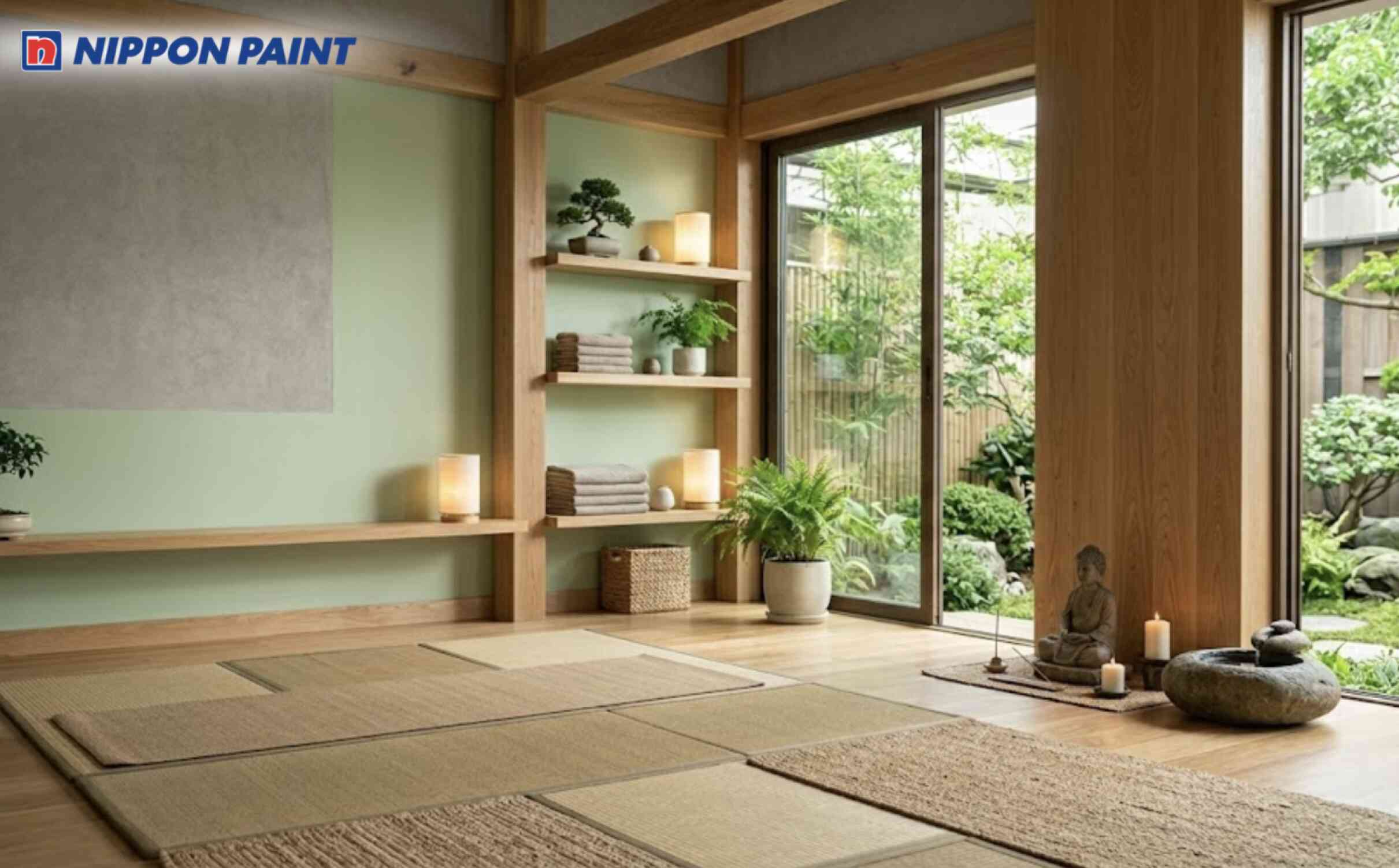 Phòng yoga mát mắt với sắc xám đá, xanh lá nhạt dịu nhẹ và nội thất gỗ tự nhiên