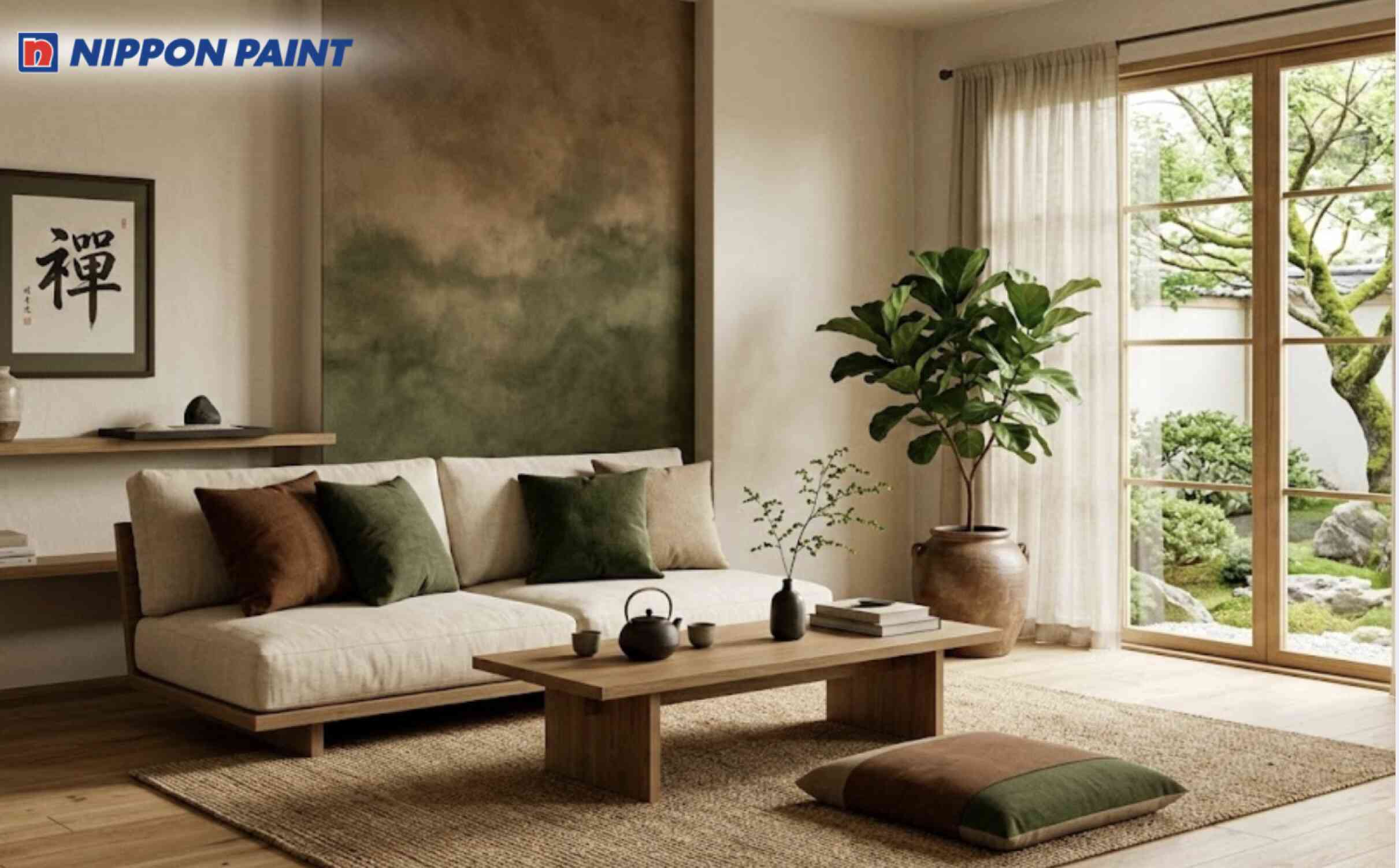 Phòng khách phong cách Zen với gam trắng ấm hoà quyện với nâu đất và xanh rêu trầm