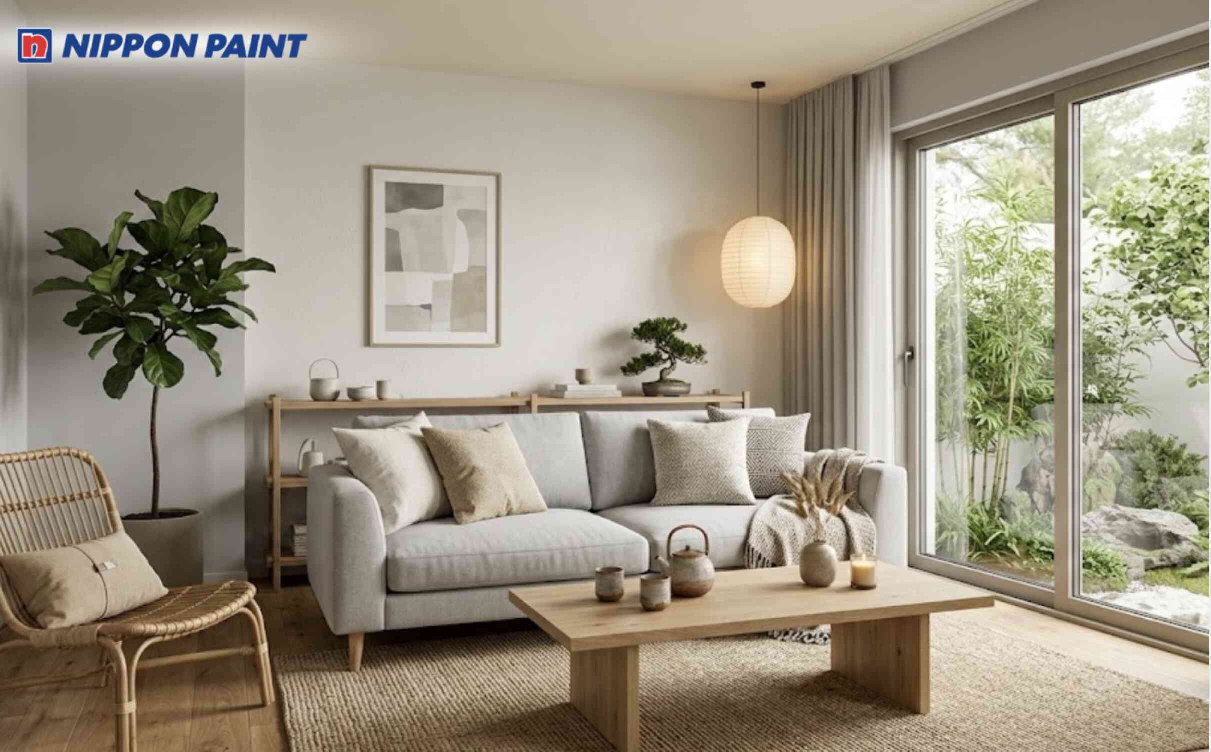 Phòng sinh hoạt ấm áp nhẹ nhàng với gam xám nhạt - trắng ngà và vàng sand