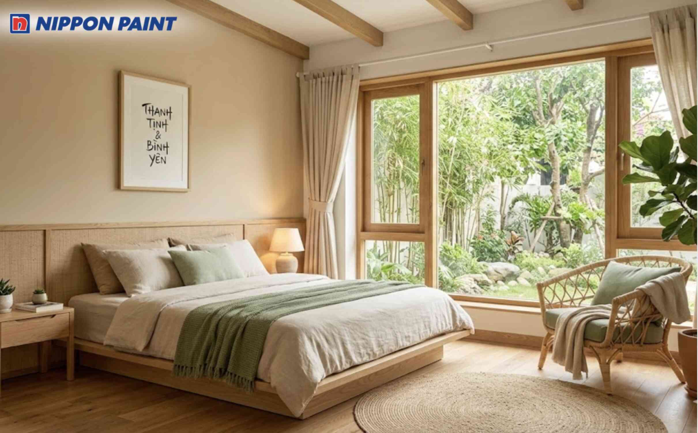 Phòng ngủ gần gũi thiên nhiên với gam be sáng chủ đạo, xanh lá nhạt và nội thất gỗ
