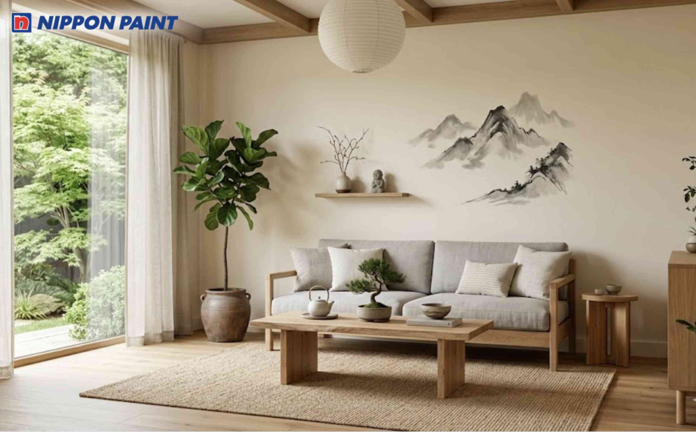 Không gian phòng khách nền trung tính thanh lịch, nội thất gỗ tự nhiên nổi bật