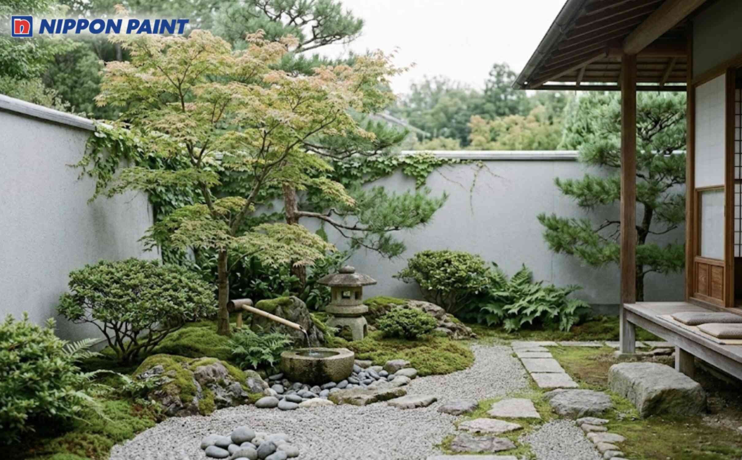 Góc sân thiền định với nền xám xi măng nhạt trầm tĩnh, xanh rêu dịu nhẹ đầy chất Zen