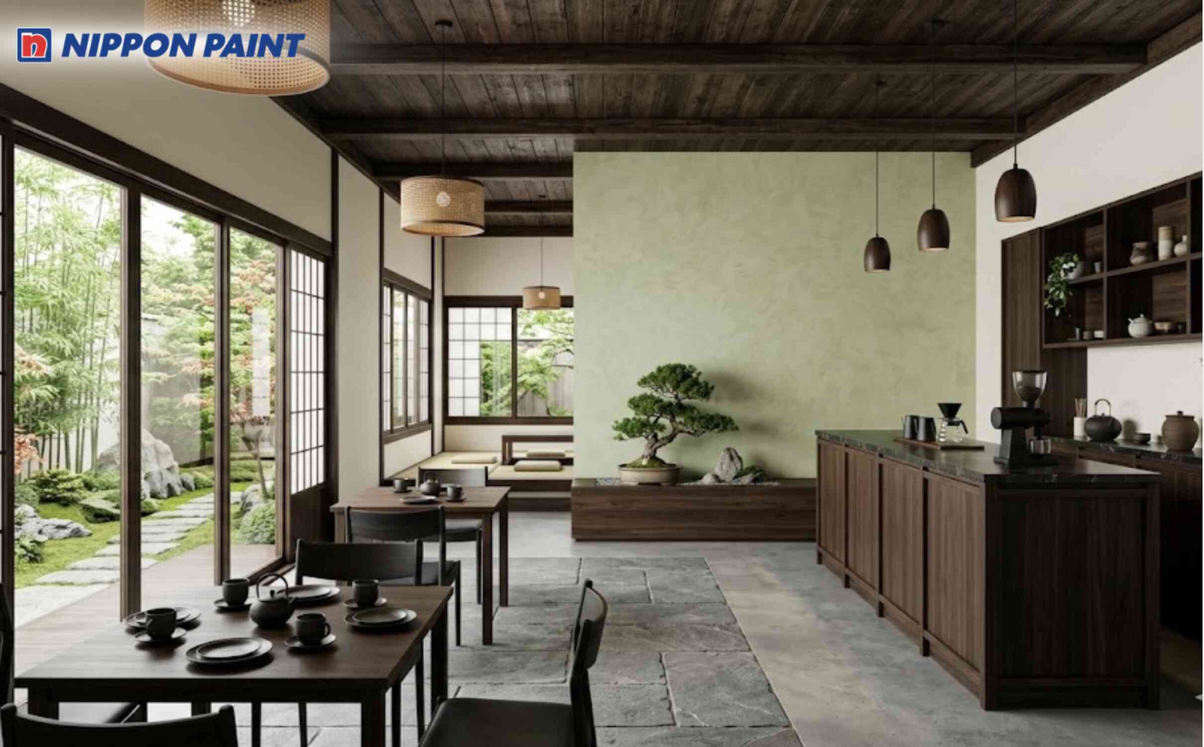 Quán cà phê phong cách Zen tông trắng ngà kết hợp xanh rêu nhạt và gỗ sẫm tạo chiều sâu