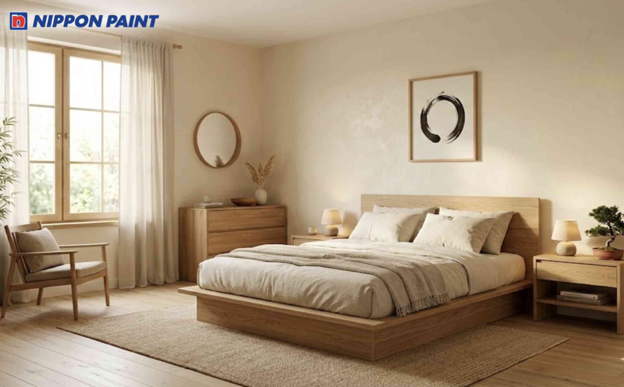 Phòng ngủ với gam màu kem, nội thất gỗ sồi tự nhiên tăng thêm nét ấm áp