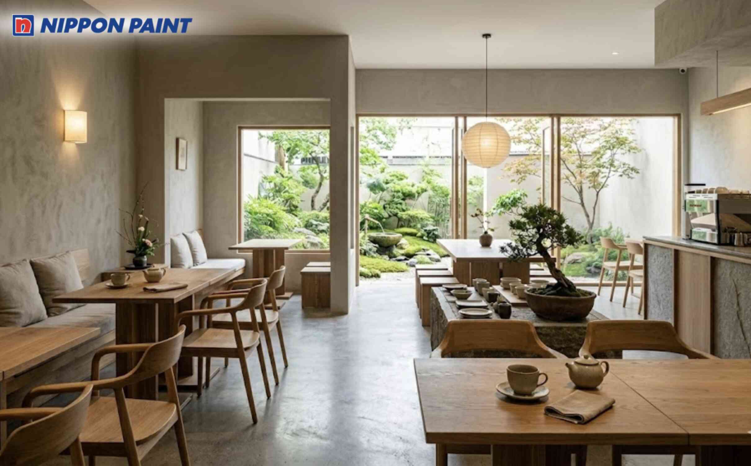 Quán cafe phong cách Zen hiện đại với nền xám - be nhẹ nhàng