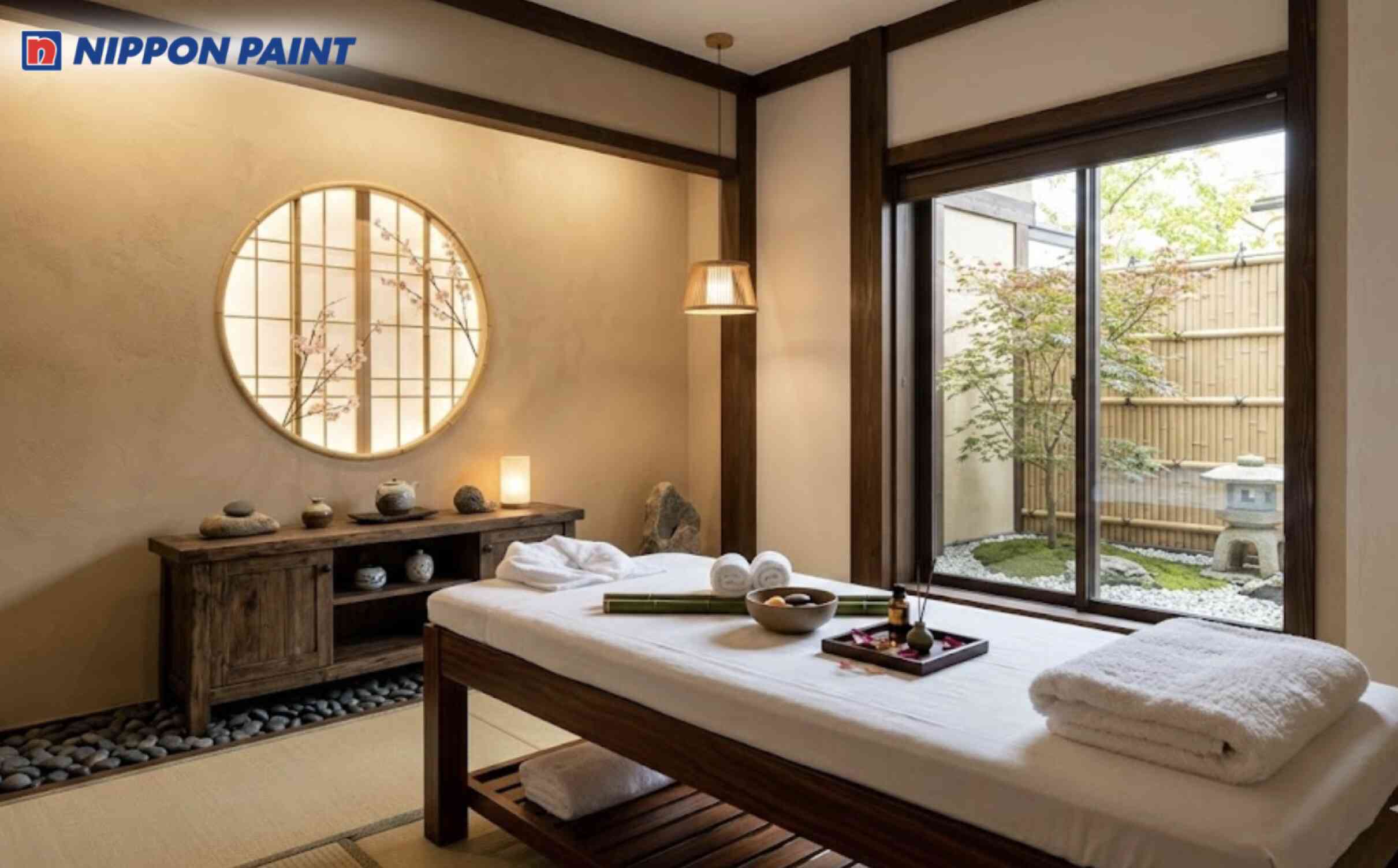 Không gian spa cao cấp với gam be cát và trắng ấm làm nền, kết hợp nâu gỗ trầm