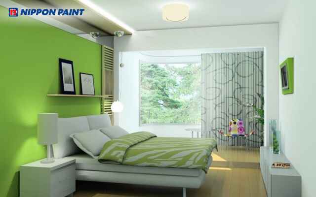 Phòng ngủ phối xanh lá và trắng nổi bật điểm nhấn, mở rộng không gian thoáng sáng