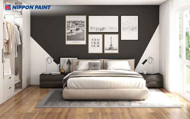 Phòng ngủ phối các tông màu trắng đen độc đáo, mang phong cách hiện đại và ấm cúng