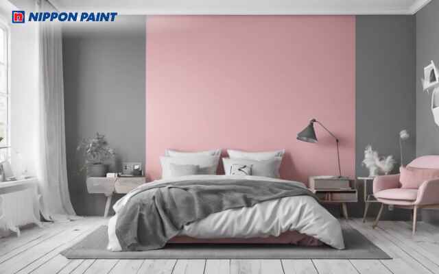 Phòng ngủ phối 2 màu hồng nhạt và xám nhạt tạo không gian nhẹ nhàng, tinh tế và ấm áp