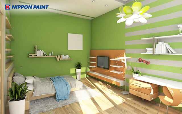 Thiết kế phòng ngủ 2 màu xanh lá và trắng hiện đại, hài hòa với nội thất và ánh sáng