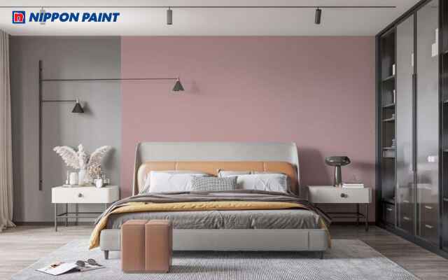 Phòng ngủ sơn hồng nhạt và xám nhạt thanh lịch, mềm mại và phù hợp với nhiều phong cách