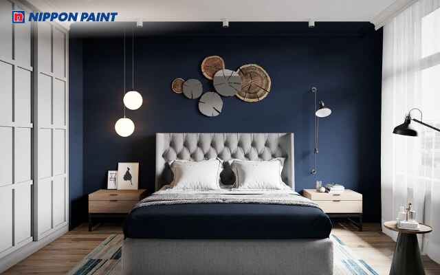 Thiết kế phòng ngủ 2 màu xanh dương đậm và trắng tinh tế, mở rộng không gian và hài hòa