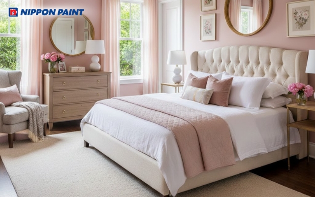 Phòng ngủ vợ chồng sơn màu hồng nhạt dịu dàng và ấm áp