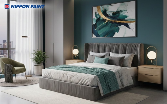 Sơn phòng ngủ vợ chồng màu xanh ngọc bích hiện đại