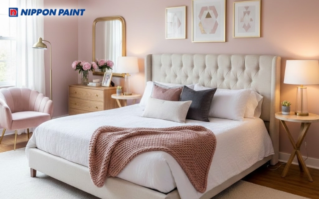 Phòng ngủ màu hồng nhạt mềm mại, hài hòa