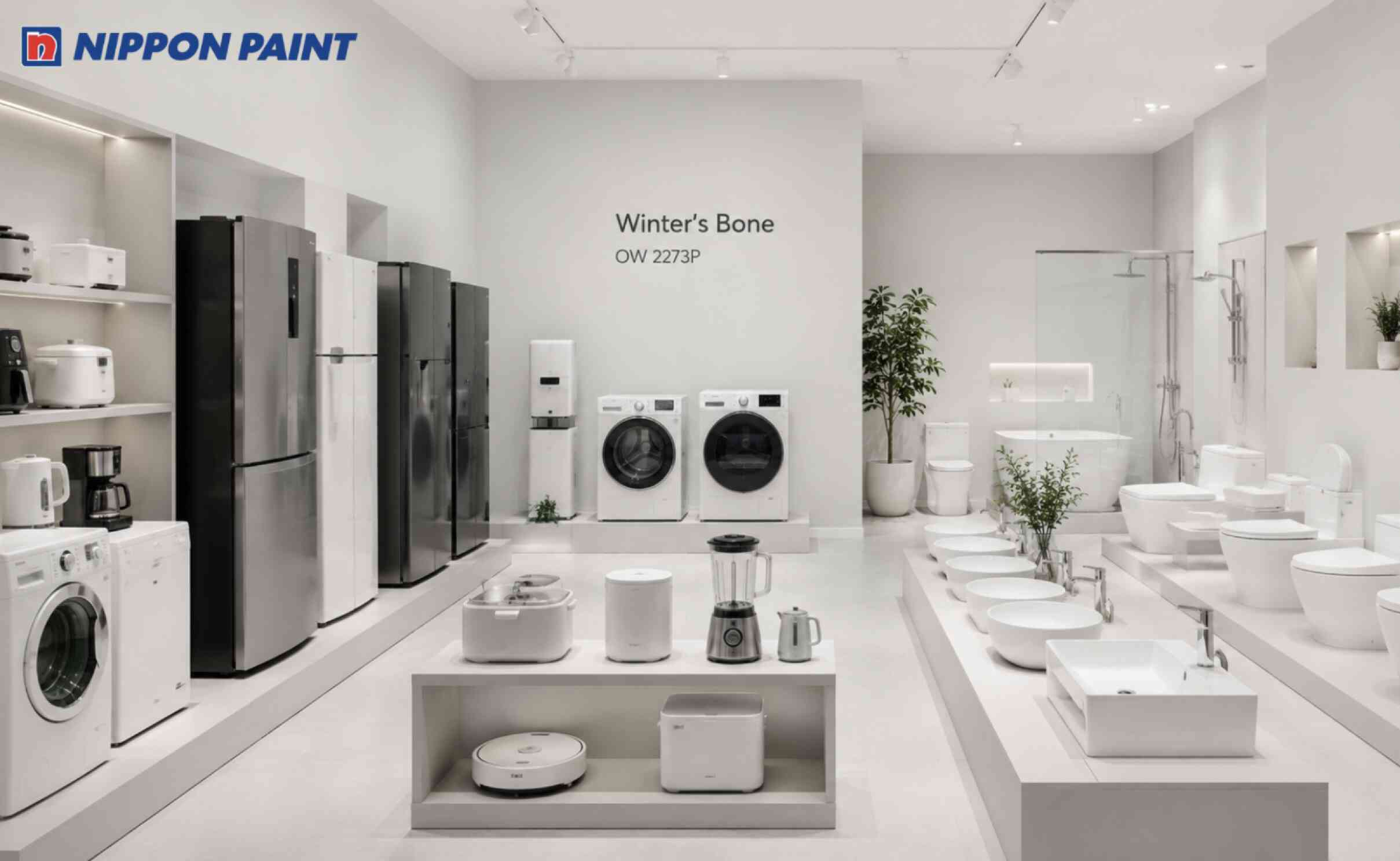 Showroom màu trắng ngà (OW 2273P) tạo cảm giác rộng rãi và làm nổi bật thiết bị