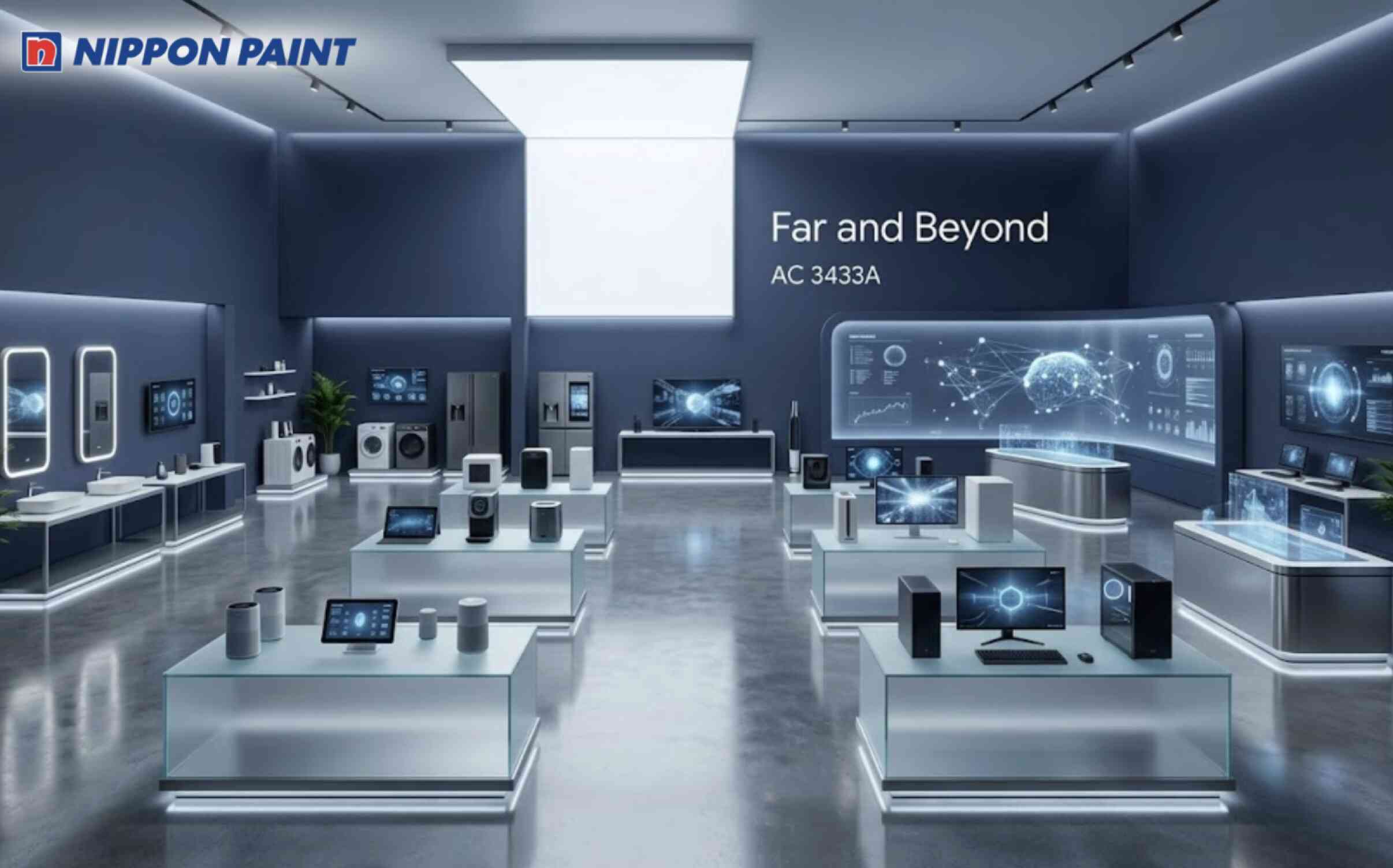 Showroom màu xanh navy (AC 3433A) gợi cảm giác đổi mới và tạo điểm nhấn
