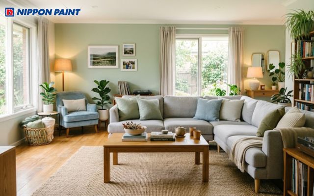 Màu xanh nhạt chủ đạo kết hợp với màu xanh dương tạo điểm nhấn, giúp không gian thêm ấm cúng