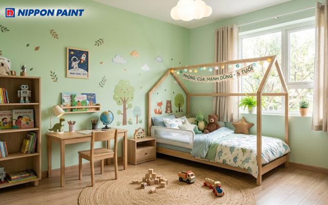 Phòng ngủ màu xanh lá cây thể hiện sự khỏe khoắn, căng tràn sức sống
