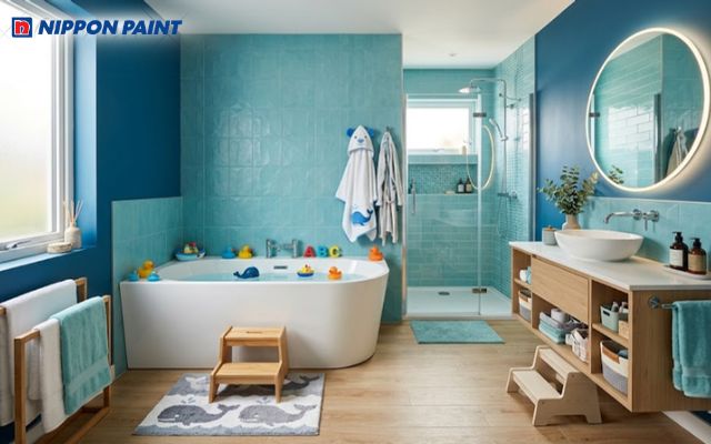 Phòng tắm màu xanh dương kết hợp với nội thất gỗ mang lại cảm giác an toàn