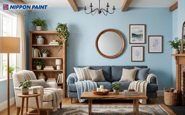 Gam màu xanh dương kết hợp với nội thất gỗ vừa hiện đại vừa cổ điển