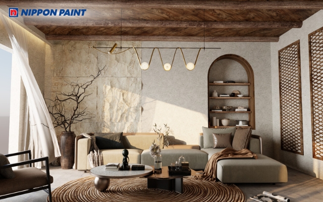 Hiệu ứng vân cát tinh tế giúp không gian Wabi Sabi trở nên độc đáo và thư thái