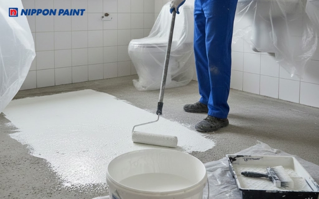 Phủ một lớp sơn lót trước khi sơn chống thấm sàn vệ sinh