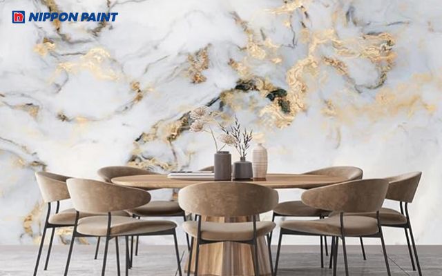 Sơn tường giả đá cẩm thạch với đường vân mềm mại khiến không gian trở nên lôi cuốn hơn