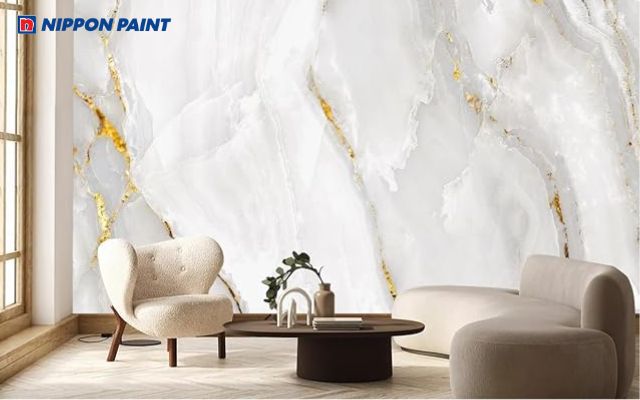 Tường phủ sơn giả đá cẩm thạch tạo cảm giác sạch sẽ, sáng sủa và thoáng đãng cho không gian