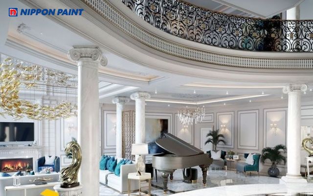 Sơn giả vân đá màu trắng trên nền cột tròn mang lại vẻ đẹp hiện đại và tinh tế cho không gian