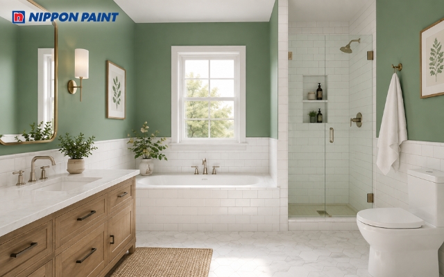 Điểm nhấn xanh rêu (Terrestrial Green - BGG 1800D) trên tường phòng tắm mang lại vẻ đẹp hiện đại và độc đáo