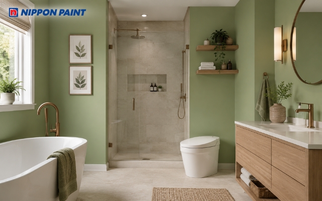 Sự kết hợp giữa xanh rêu (Moss Green - 43C-3D) giúp phòng vệ sinh luôn trông sạch sẽ