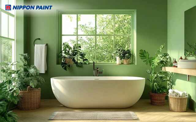 Sơn nội thất màu xanh lá cây cho phòng tắm.