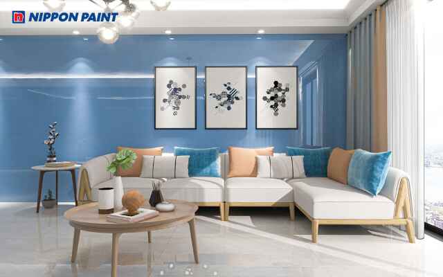 Sơn nội thất màu xanh dương phong cách hiện đại dành cho phòng khách.