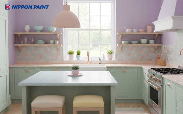 Không gian bếp sơn tím trở nên sinh động hơn khi kết hợp cùng các gam pastel nhẹ nhàng