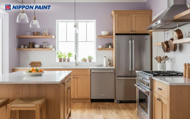 Sơn bếp màu tím pastel kết hợp nội thất gỗ sáng tạo điểm nhấn dịu mắt, dễ ứng dụng