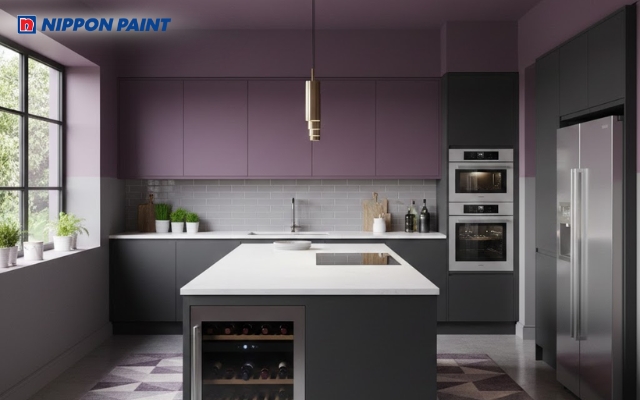 Gam tím cho nhà bếp trở nên cuốn hút hơn khi phối cùng xám