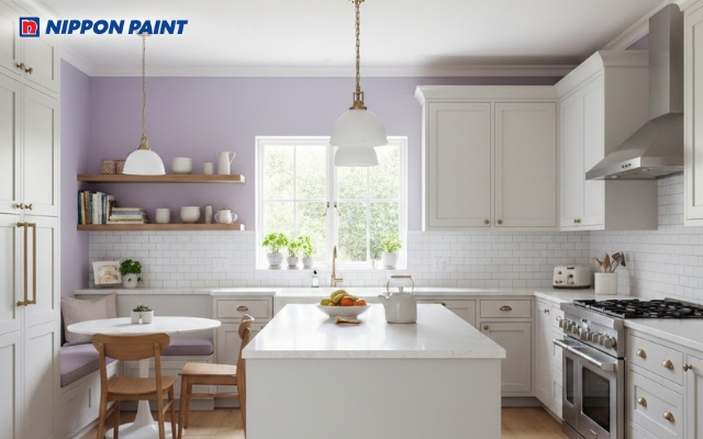 Gam tím pastel cho bếp mang lại cảm giác nhẹ nhàng, hiện đại khi phối cùng nội thất gỗ tự nhiên