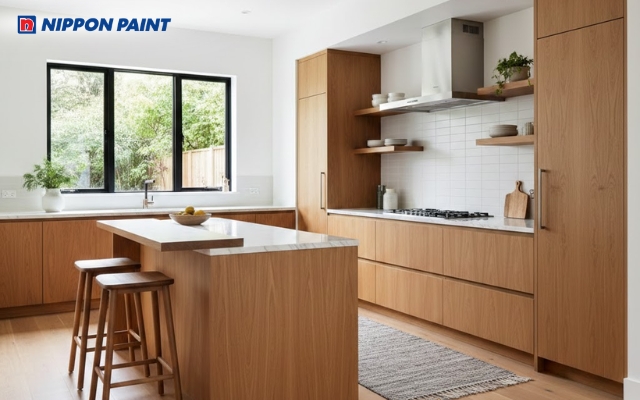 Bếp trắng tinh tế, nổi bật cùng nội thất gỗ ấm áp