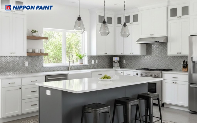 Bếp trắng - xám ghi hài hòa, nhẹ nhàng và thanh lịch