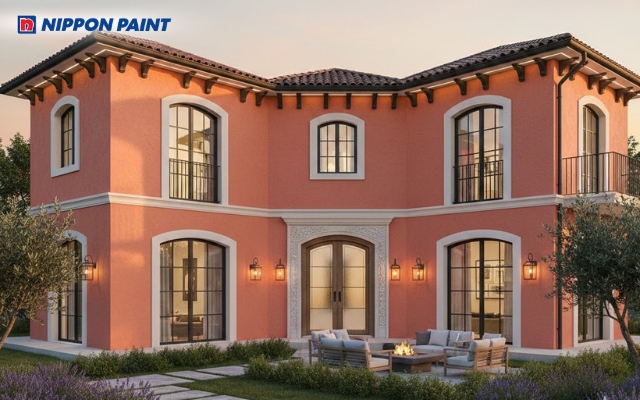 Nhà chữ L sơn màu san hô mang lại cảm giác ấm áp, tươi mới