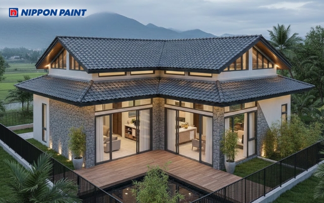 Sự kết hợp giữa sắc đá tự nhiên và xám trắng giúp nhà chữ L trông thoáng sáng và tinh tế hơn