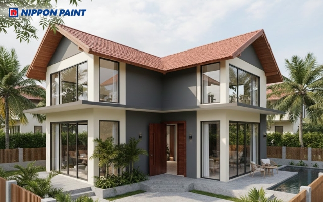 Nhà chữ L phối kem và xám tạo nên tổng thể hài hòa, nhẹ nhàng và tinh tế