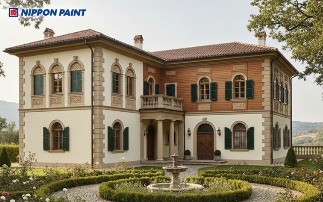 Nhà chữ L phối vàng và nâu tạo cảm giác ấm áp, trầm ổn và giàu chiều sâu thẩm mỹ