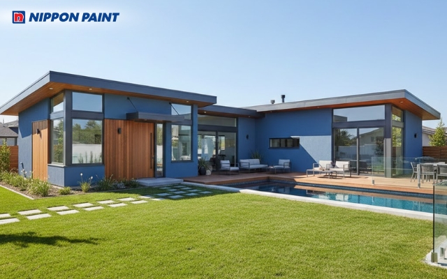 Nhà chữ L sơn xanh dương mang lại cảm giác mát mẻ, gọn gàng và cân bằng thị giác