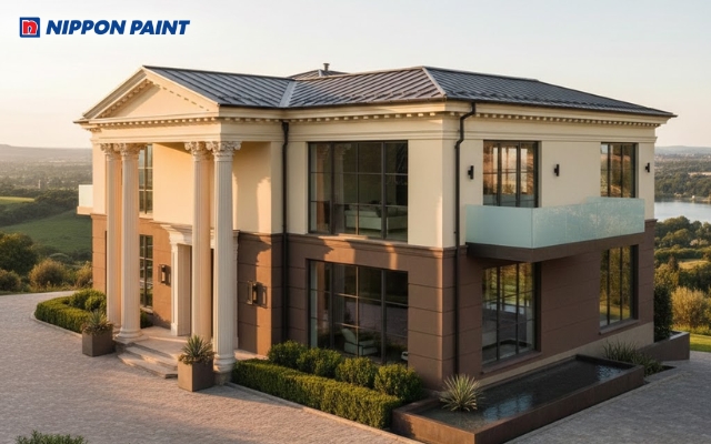 Sự kết hợp vàng nâu giúp kiến trúc nhà chữ L trở nên sang trọng và cân đối