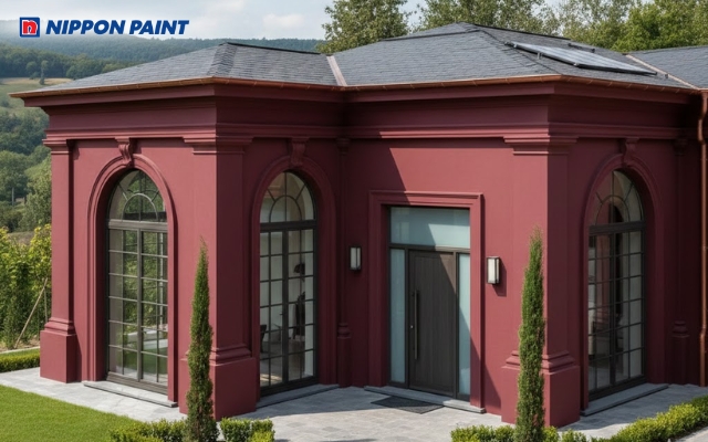 Gam đỏ thẫm giúp kiến trúc nhà chữ L trở nên sâu lắng và giàu cá tính