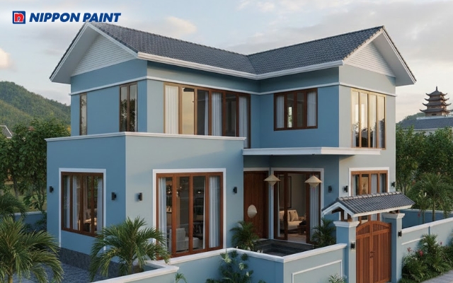 Gam xanh dương giúp kiến trúc nhà chữ L trông hiện đại, nhẹ nhàng và dễ chịu theo thời gian