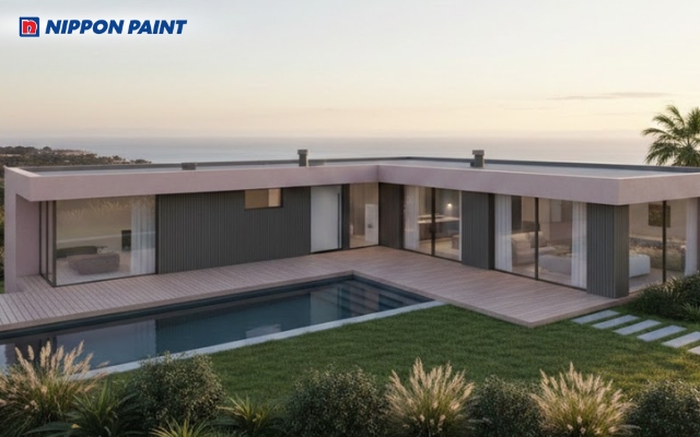 Nhà chữ L sơn màu tím hồng nhẹ nhàng mang đến cảm giác mềm mại, tinh tế